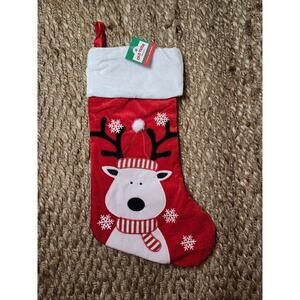 New! 18" Holiday Christmas Reindeer Stocking Red White Snowflakes